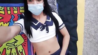 Schoolgirl crossdresser playing with herself
