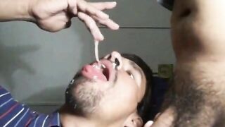 Slave deepthroating his master's huge cock
